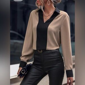 Amazon CozyEase Taupe Black V-Neck Longsleeve Pullover Shirt Blouse Large